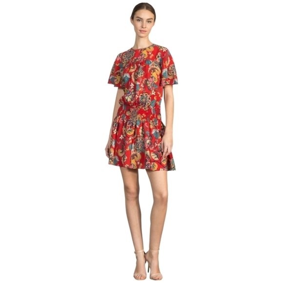 Shoshanna Red Smocked Mini Dress Size Medium - Picture 1 of 6